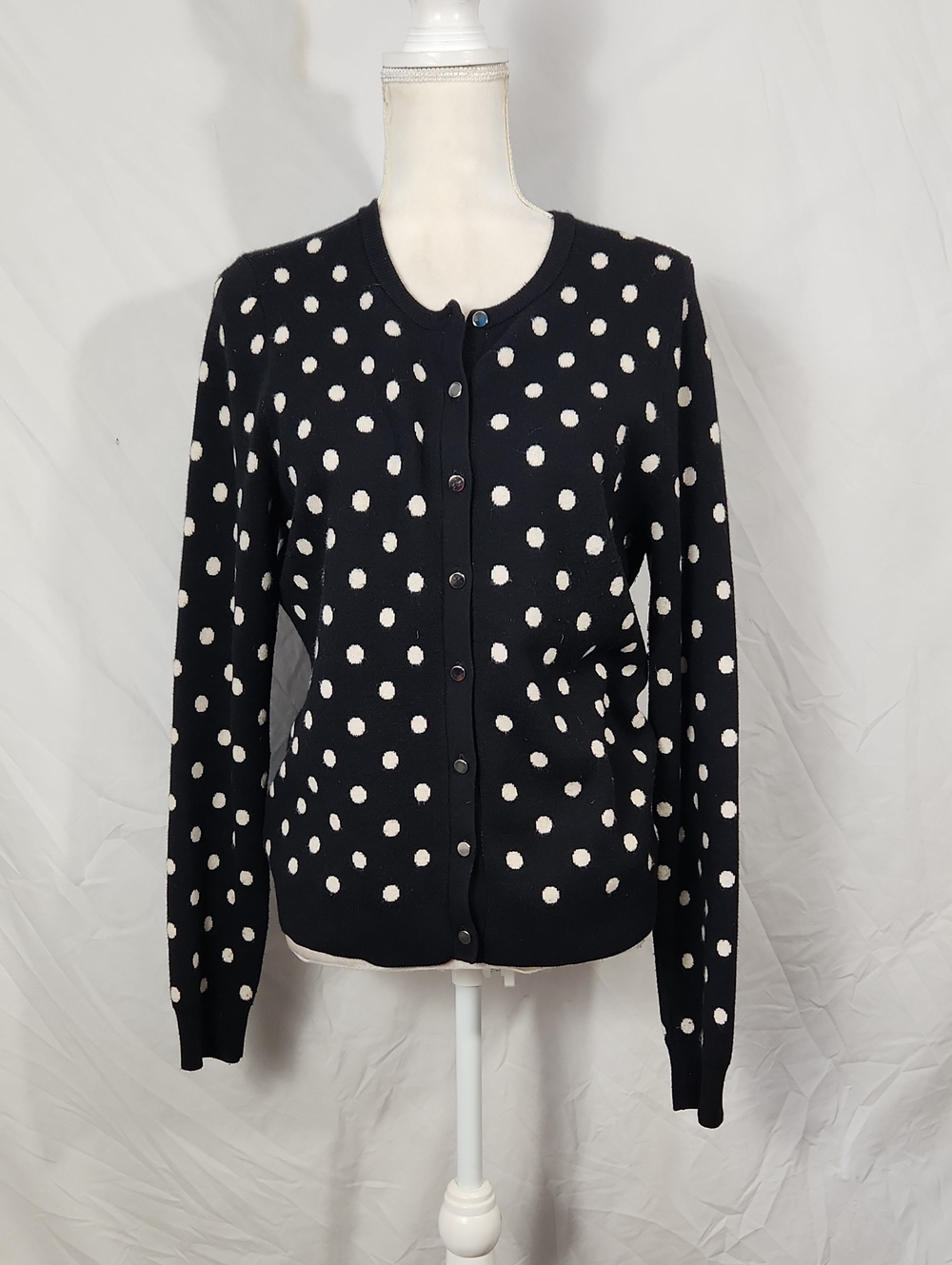 Ann Taylor Black And Cream Polka Dot Knit Cardigan Sweater - Picture 2 of 8